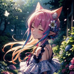 Preview wallpaper girl, neko, smile, garden, flowers, anime, art