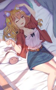 Preview wallpaper girl, neko, smile, gesture, bed, anime
