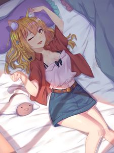 Preview wallpaper girl, neko, smile, gesture, bed, anime