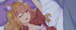 Preview wallpaper girl, neko, smile, gesture, bed, anime