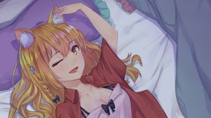 Preview wallpaper girl, neko, smile, gesture, bed, anime
