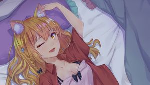 Preview wallpaper girl, neko, smile, gesture, bed, anime