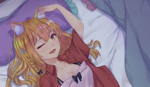 Preview wallpaper girl, neko, smile, gesture, bed, anime