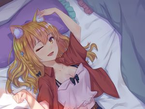 Preview wallpaper girl, neko, smile, gesture, bed, anime