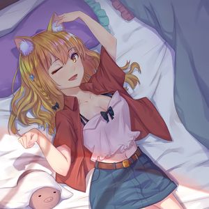 Preview wallpaper girl, neko, smile, gesture, bed, anime