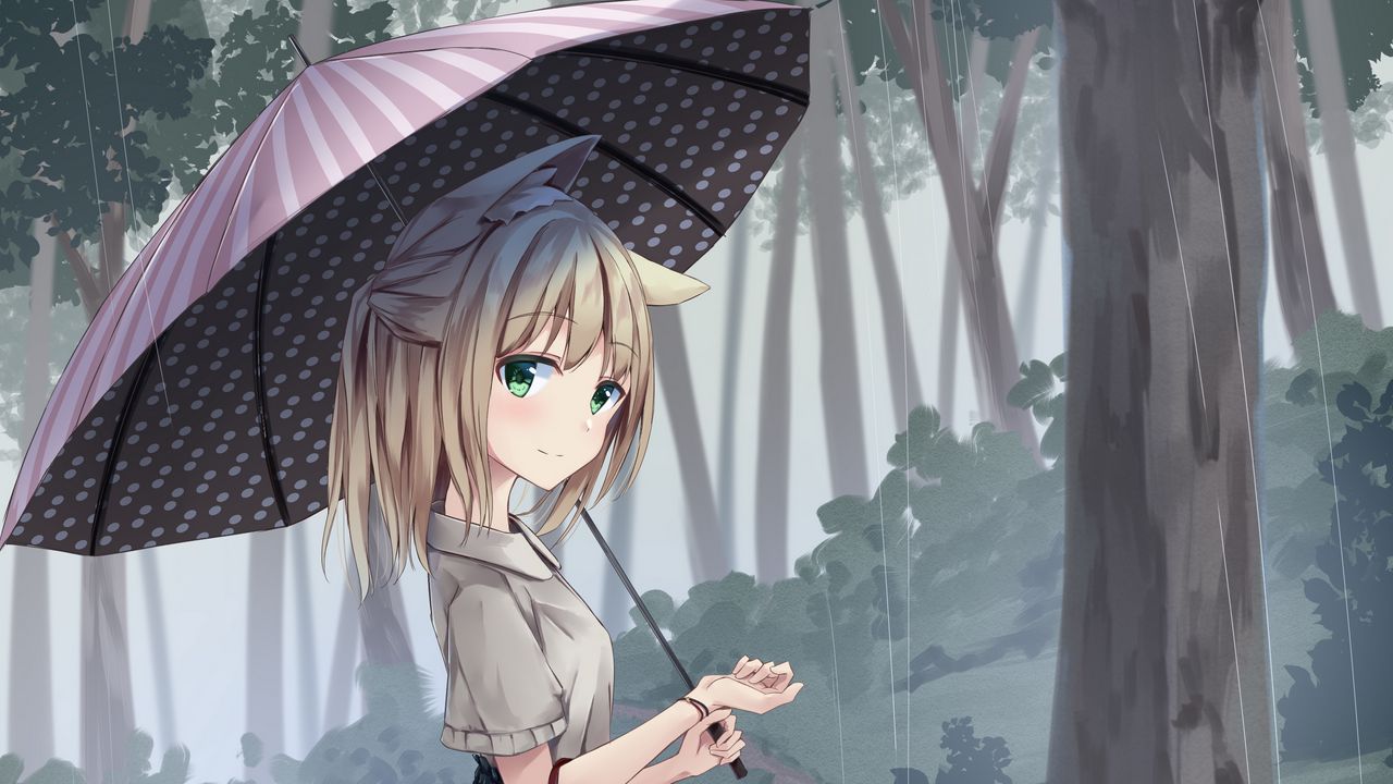 Wallpaper girl, neko, smile, umbrella, rain, forest, anime