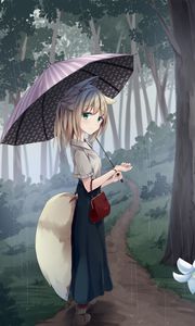 Preview wallpaper girl, neko, smile, umbrella, rain, forest, anime