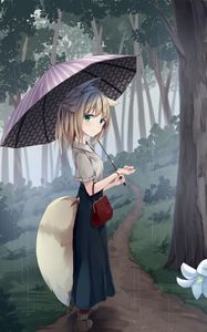 Preview wallpaper girl, neko, smile, umbrella, rain, forest, anime