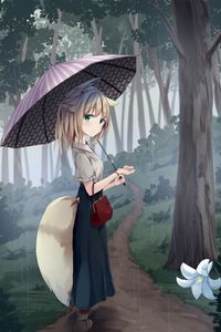 Preview wallpaper girl, neko, smile, umbrella, rain, forest, anime