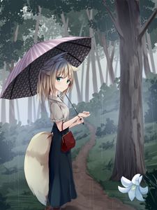 Preview wallpaper girl, neko, smile, umbrella, rain, forest, anime