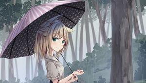 Preview wallpaper girl, neko, smile, umbrella, rain, forest, anime