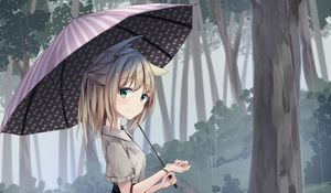 Preview wallpaper girl, neko, smile, umbrella, rain, forest, anime