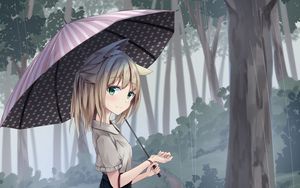 Preview wallpaper girl, neko, smile, umbrella, rain, forest, anime