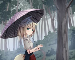 Preview wallpaper girl, neko, smile, umbrella, rain, forest, anime