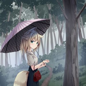 Preview wallpaper girl, neko, smile, umbrella, rain, forest, anime