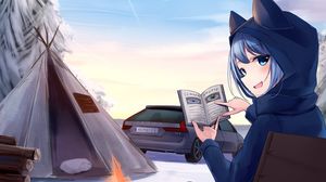 Preview wallpaper girl, neko, smile, camping, hiking, anime