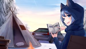 Preview wallpaper girl, neko, smile, camping, hiking, anime