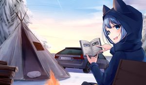 Preview wallpaper girl, neko, smile, camping, hiking, anime