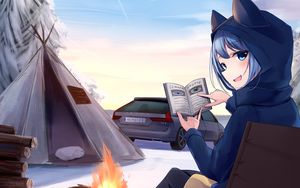 Preview wallpaper girl, neko, smile, camping, hiking, anime