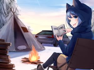 Preview wallpaper girl, neko, smile, camping, hiking, anime