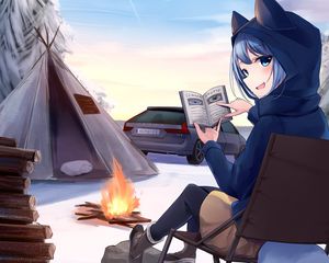 Preview wallpaper girl, neko, smile, camping, hiking, anime