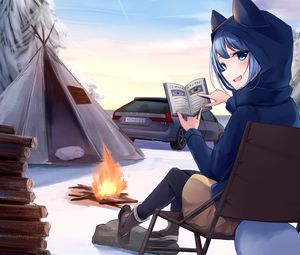 Preview wallpaper girl, neko, smile, camping, hiking, anime