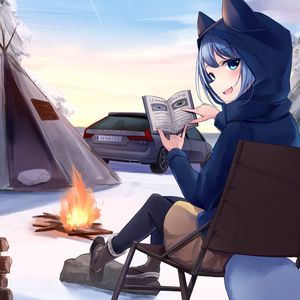 Preview wallpaper girl, neko, smile, camping, hiking, anime