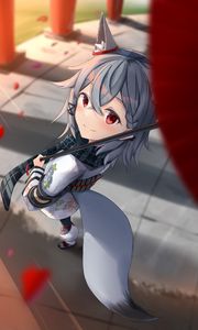 Preview wallpaper girl, neko, smile, petals, umbrella, anime