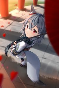 Preview wallpaper girl, neko, smile, petals, umbrella, anime