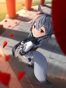 Preview wallpaper girl, neko, smile, petals, umbrella, anime