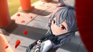 Preview wallpaper girl, neko, smile, petals, umbrella, anime