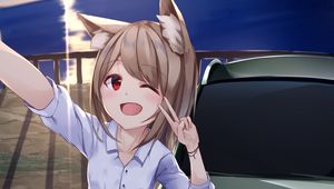 Preview wallpaper girl, neko, smile, gesture, selfie, anime
