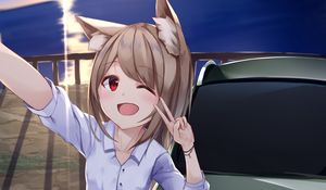 Preview wallpaper girl, neko, smile, gesture, selfie, anime