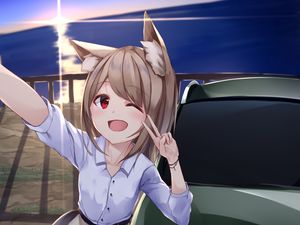 Preview wallpaper girl, neko, smile, gesture, selfie, anime