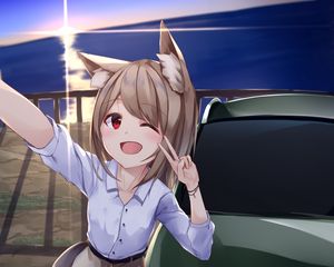 Preview wallpaper girl, neko, smile, gesture, selfie, anime