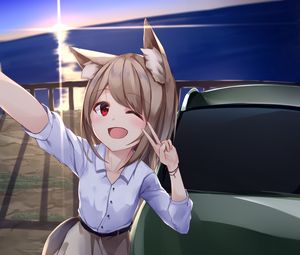 Preview wallpaper girl, neko, smile, gesture, selfie, anime