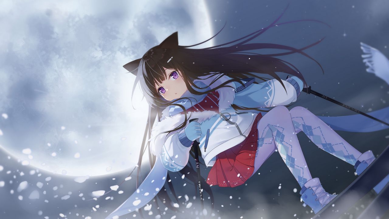 Wallpaper girl, neko, snow, anime