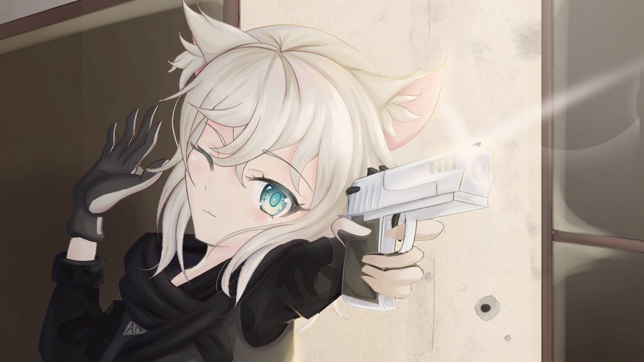 Wallpaper girl, neko, soldier, gun, shot, anime