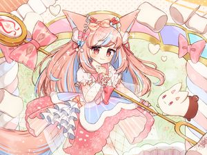 Preview wallpaper girl, neko, staff, marshmallow, anime, art