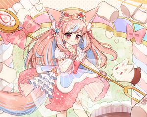 Preview wallpaper girl, neko, staff, marshmallow, anime, art