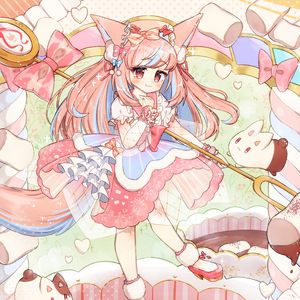 Preview wallpaper girl, neko, staff, marshmallow, anime, art