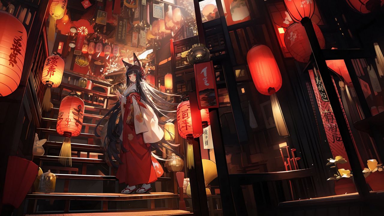 Wallpaper girl, neko, stairs, chinese lanterns, anime