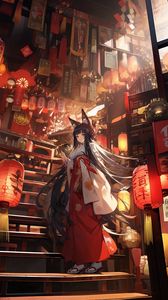Preview wallpaper girl, neko, stairs, chinese lanterns, anime