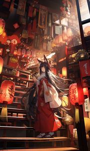 Preview wallpaper girl, neko, stairs, chinese lanterns, anime