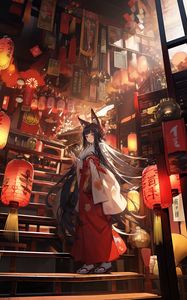 Preview wallpaper girl, neko, stairs, chinese lanterns, anime