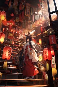 Preview wallpaper girl, neko, stairs, chinese lanterns, anime