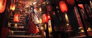 Preview wallpaper girl, neko, stairs, chinese lanterns, anime