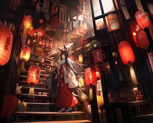 Preview wallpaper girl, neko, stairs, chinese lanterns, anime