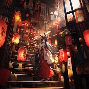 Preview wallpaper girl, neko, stairs, chinese lanterns, anime