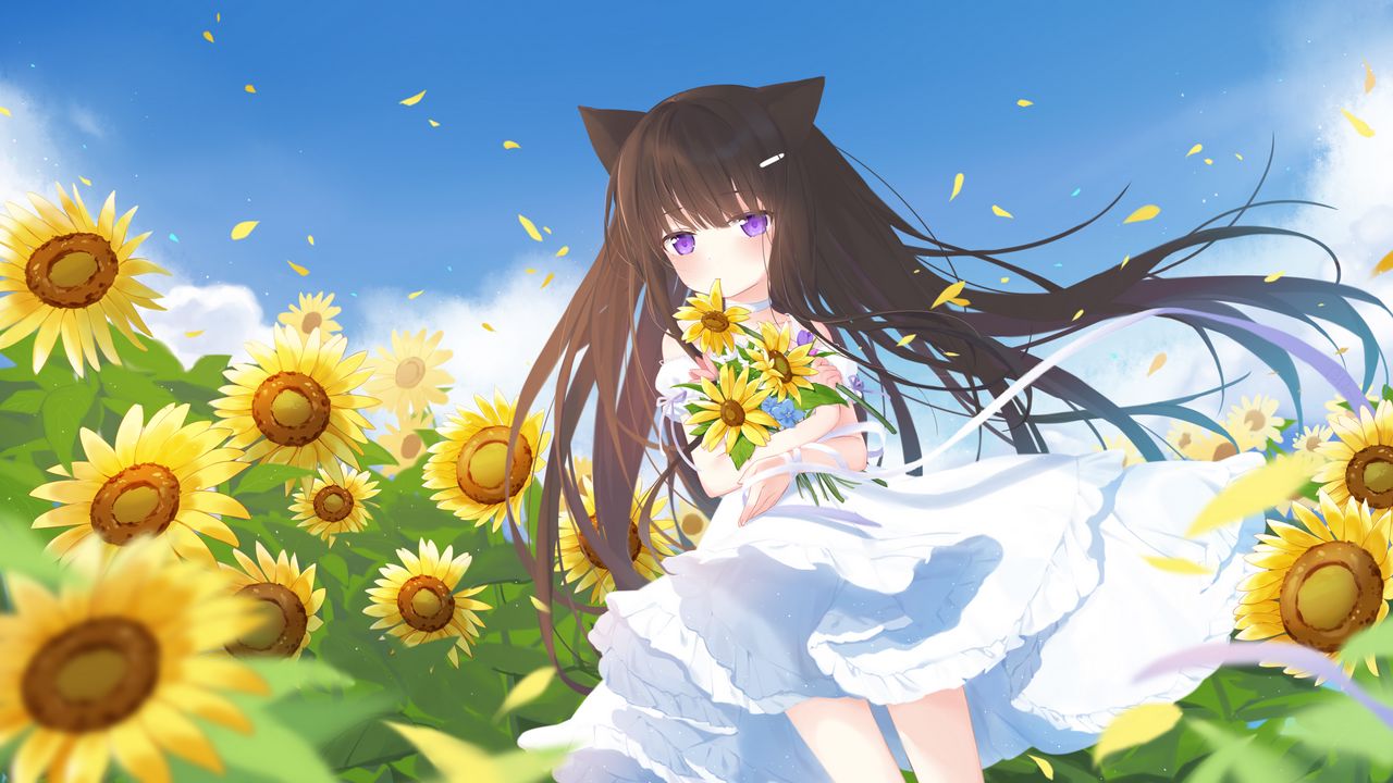 Wallpaper girl, neko, sunflowers, field, anime, art